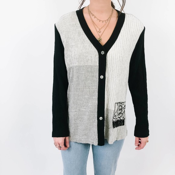 Vintage Tops - Vintage Black & Gray Blouse with Tassels